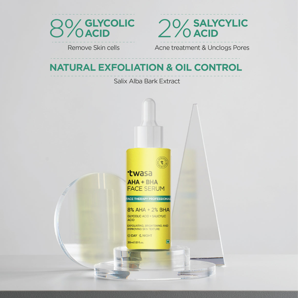 Experience the ultimate in skin transformation with the Twasa 8% AHA + 2% BHA Exfoliating Face Serum. This advanced face serum is expertly crafted with a potent blend of 8% AHA (Glycolic Acid) and 2% BHA (Salicylic Acid), making it one of the best serums for face glowing and whitening. The powerful combination of glycolic acid and salicylic acid works in harmony to deliver a truly transformative effect, targeting fine lines, wrinkles, and dullness.