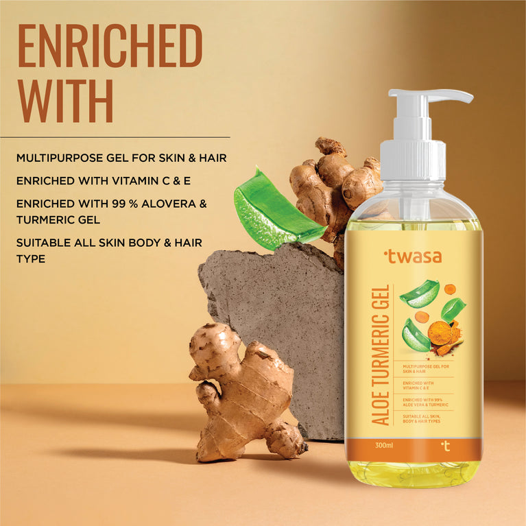 Achieve a natural, healthy glow with Twasa 99% Aloe Vera Turmeric Gel. This aloe vera moisturizer is enriched with pure organic aloe vera gel, making it an ideal choice for those seeking a natural aloe vera gel for daily use. The aloe vera for face and skin provides lasting hydration, keeping your skin soft and supple throughout the day. The addition of turmeric extract enhances the skin's radiance, making it the best aloe vera gel for face.