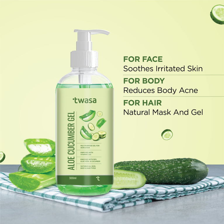 Experience the power of pure natural ingredients with Twasa Pure Aloe Vera Cucumber Gel. Our gel harnesses the soothing properties of aloe vera and the refreshing benefits of cucumber extract, resulting in a potent formula that revitalizes and rejuvenates your skin and hair. Each application delivers a burst of hydration and nutrients, leaving you with a radiant complexion and silky-smooth locks. Treat yourself to the purity of nature with our aloe vera.
