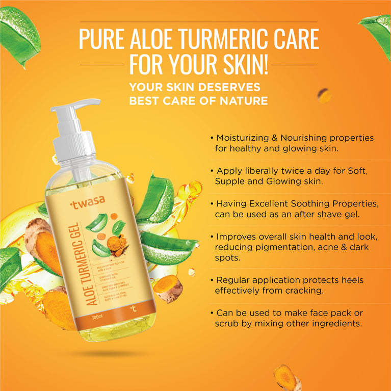 Twasa 99% Aloe Vera Turmeric Gel is a versatile solution for all skin types. Whether you have dry, oily, or sensitive skin, this natural aloe vera gel provides the perfect balance of hydration and nourishment. The aloe vera gel for skin is infused with the goodness of turmeric extract, which brightens and rejuvenates your skin, reducing the appearance of blemishes and scars. This pure aloe vera gel is free from harmful chemicals, ensuring a gentle.