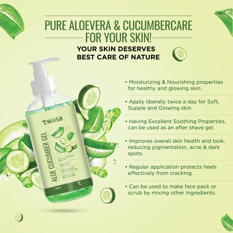At Twasa, we believe in clean and transparent formulations that prioritize the health and well-being of our customers. That's why our Pure Aloe Vera Cucumber Gel is made with the utmost care and attention to detail, using only the highest quality ingredients and manufacturing processes. We are committed to providing you with products that are free from harmful chemicals, toxins, and artificial fragrances, ensuring a safe and effective skincare experience.
