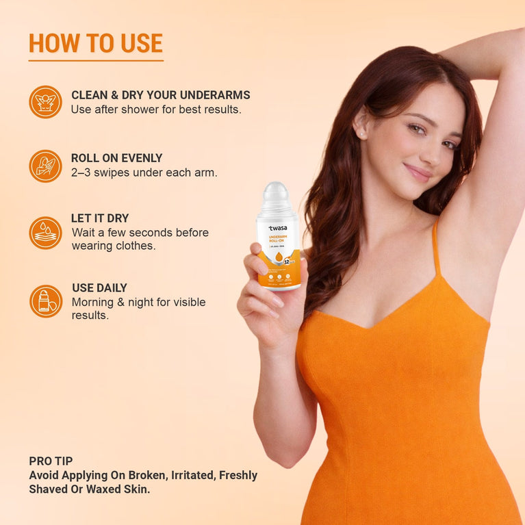 Exfoliating underarm roll on enriched with AHA BHA complex, a Twasa underarm care solution for pigmentation and uneven tone.