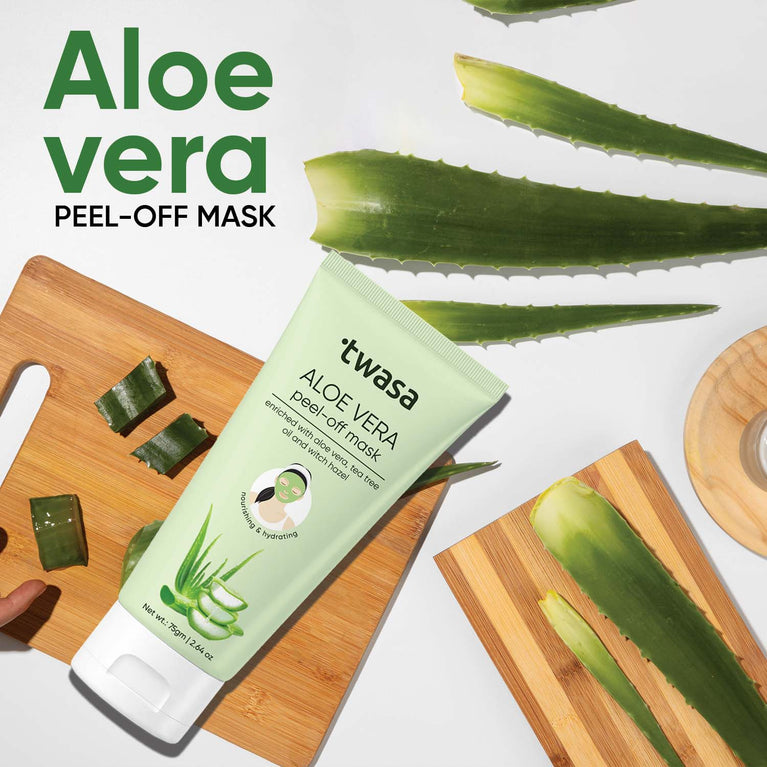Twasa Aloe Vera Peel Off Face Mask with fresh aloe leaves for glowing skin