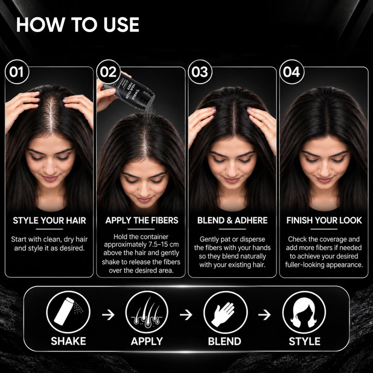 How to apply Twasa Hair Fiber Powder in four steps: style dry hair, sprinkle fibers, blend and check coverage