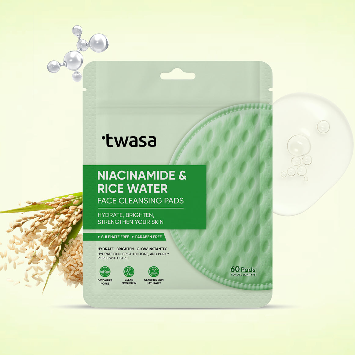 Twasa Niacinamide & Rice Water Face Cleansing Pads for glowing and bright skin