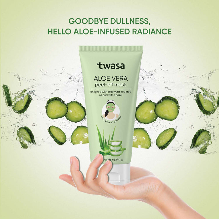 Twasa refreshing Aloe Vera Peel Off Face Mask held in hand with cucumber and water splash