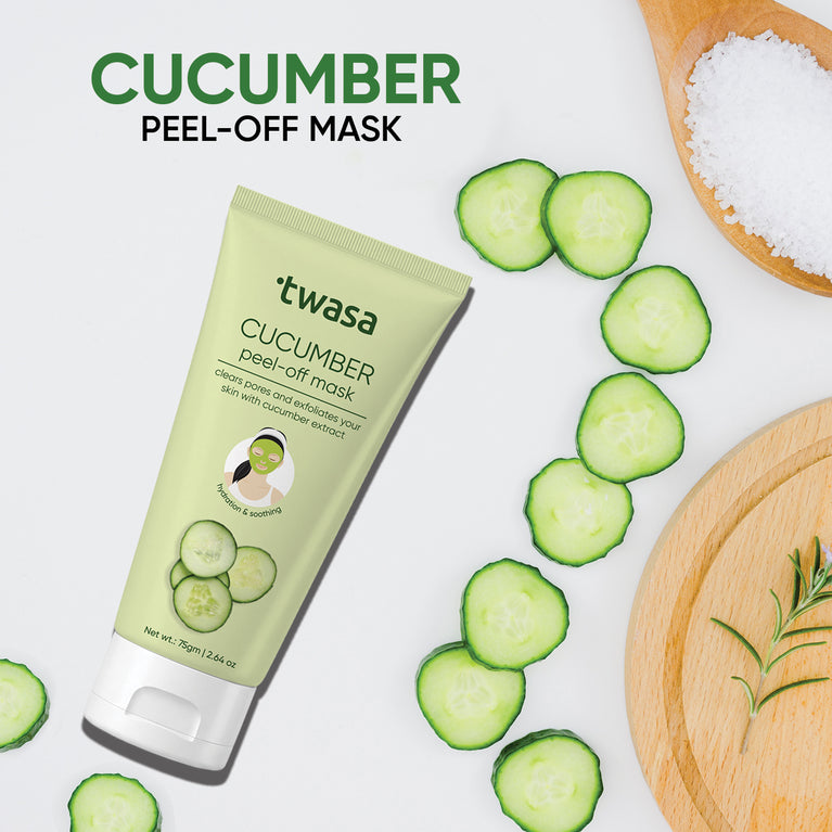 Twasa Cucumber Extract Peel Off Mask 75g beside fresh cucumber slices