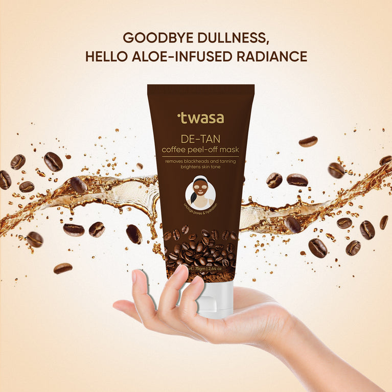Twasa De Tan Coffee Mask with aloe-infused radiance messaging focused on dull-looking skin and skin brightening