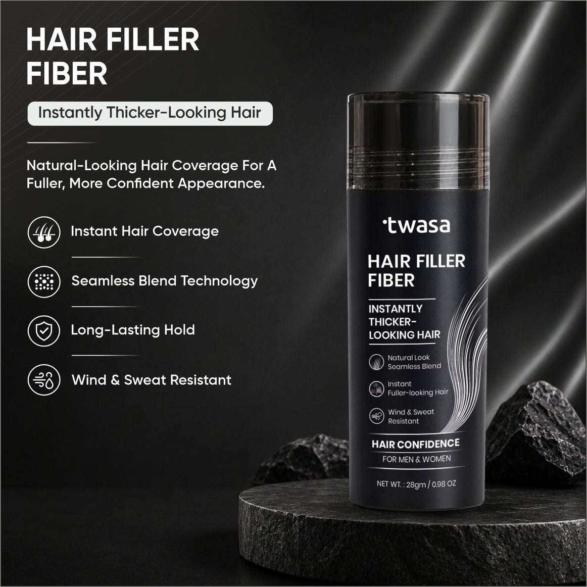 Twasa hair building fibers shown gripping existing hair for fuller-looking volume and natural coverage