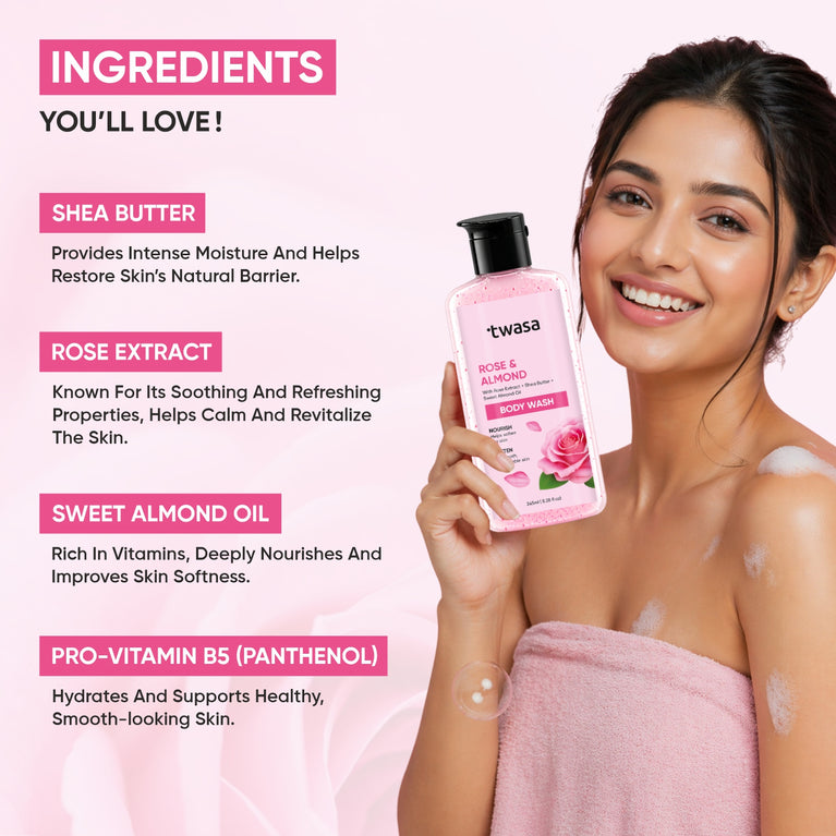 Rose water almond body wash deep cleansing body wash for glowing and soft skin