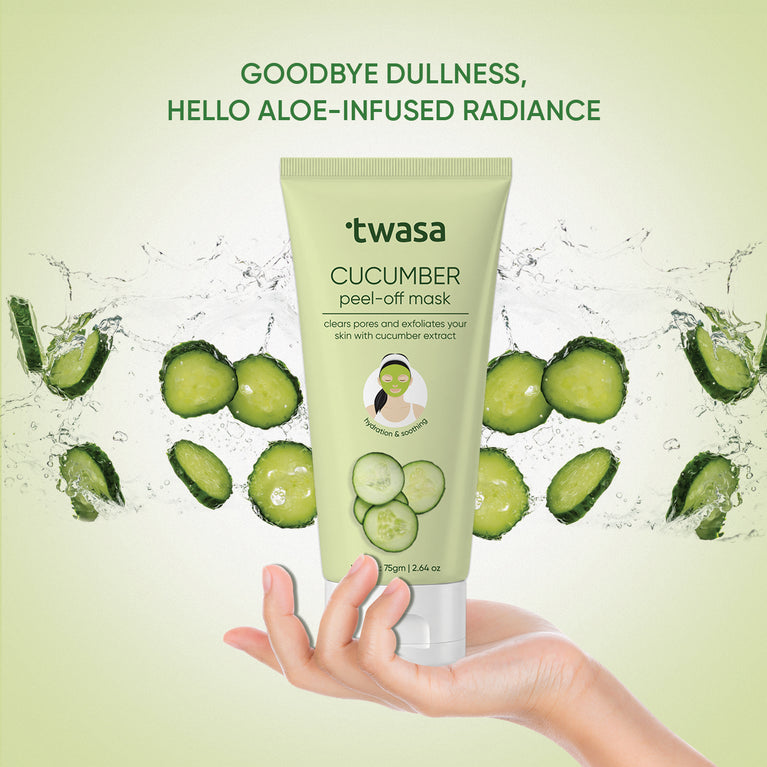 Hand holding Twasa Cucumber Peel Off Face Mask 75g with cucumber slices and splashing water