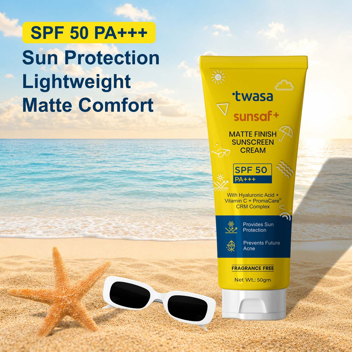 Twasa Sunsaf+ matte finish sunscreen SPF 50 PA+++ 50g tube on a beach, highlighting lightweight sun protection.