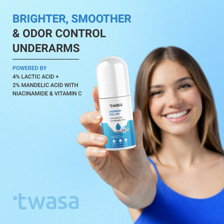Twasa underarm roll on with 4% lactic acid and 2% mandelic acid for underarm brightening, odor control, and smooth skin
