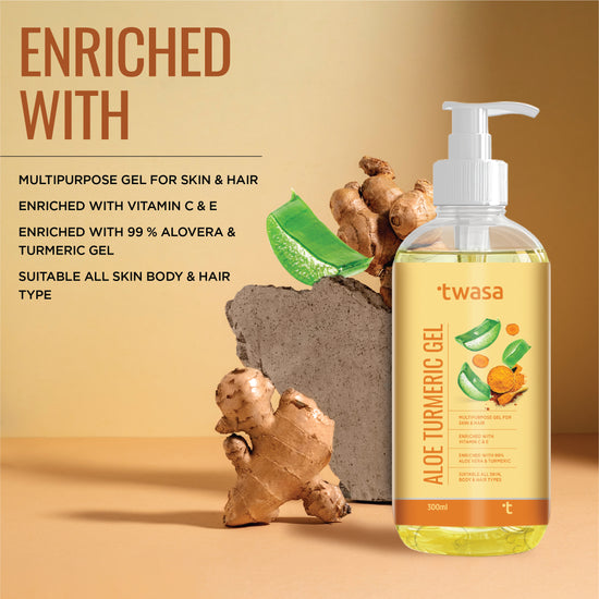Achieve a natural, healthy glow with Twasa 99% Aloe Vera Turmeric Gel. This aloe vera moisturizer is enriched with pure organic aloe vera gel, making it an ideal choice for those seeking a natural aloe vera gel for daily use. The aloe vera for face and skin provides lasting hydration, keeping your skin soft and supple throughout the day. The addition of turmeric extract enhances the skin's radiance, making it the best aloe vera gel for face.