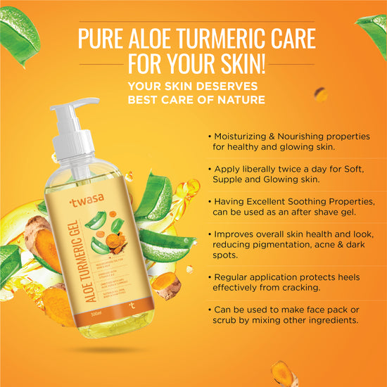 Twasa 99% Aloe Vera Turmeric Gel is a versatile solution for all skin types. Whether you have dry, oily, or sensitive skin, this natural aloe vera gel provides the perfect balance of hydration and nourishment. The aloe vera gel for skin is infused with the goodness of turmeric extract, which brightens and rejuvenates your skin, reducing the appearance of blemishes and scars. This pure aloe vera gel is free from harmful chemicals, ensuring a gentle.