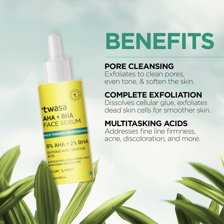 Twasa Exfoliating Face Serum is more than just a serum—it's a comprehensive multi-benefit solution for a variety of skin concerns. This serum for acne and dark spots effectively reduces the appearance of acne scars, dark spots, and hyperpigmentation. It acts as an anti aging serum, helping to minimize fine lines and wrinkles while also addressing pore minimizing and skin brightening. Ideal for anyone seeking a dark spot correcting glow serum and an acne serum.