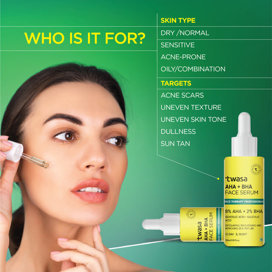 Achieve a brighter, smoother complexion with our potent exfoliating serum. The Twasa 8% AHA + 2% BHA Exfoliating Face Serum stands out as a leading glycolic acid serum and salicylic acid face serum designed to combat bumpy skin texture and uneven skin tone. making it an effective serum for dry skin, serum for oily skin, and serum for combination skin. This pore minimizing face serum is a must-have for anyone looking to refine their skin's texture.