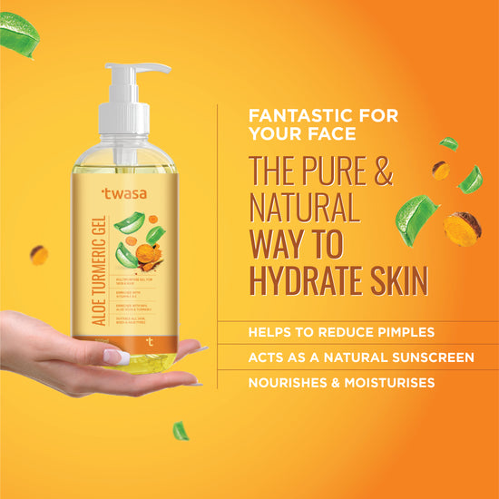 Twasa 99% Aloe Vera Turmeric Gel is a multi-purpose product that caters to all your skincare and hair care needs. This aloe vera gel for face and hair is designed to deliver the best results, whether used as a skin moisturizer, a hair conditioner, or a soothing treatment for sunburns and irritations. The best aloe vera gel combines the healing properties of pure aloe vera gel with the brightening effects of turmeric extract. Suitable for all skin.