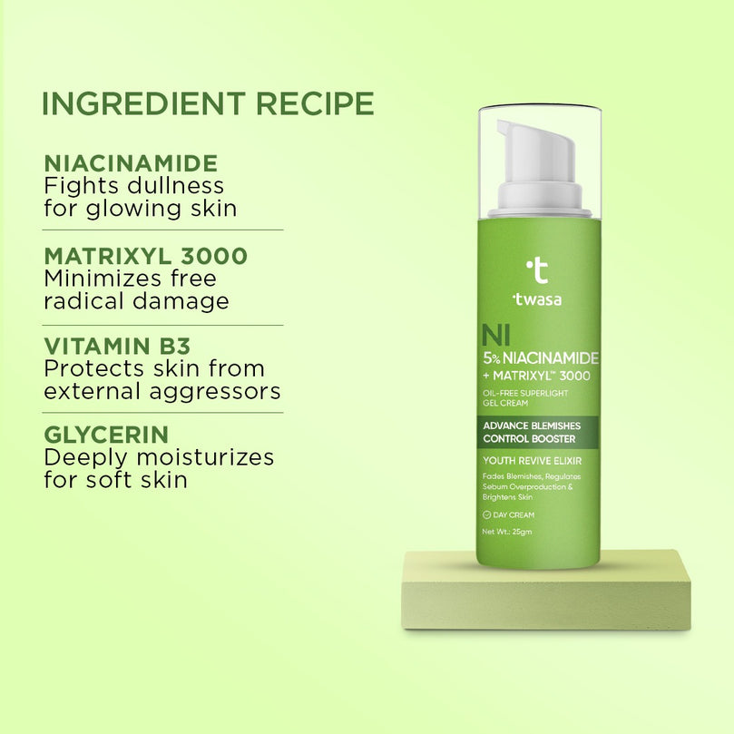 Twasa Niacinamide Ingredients - Glow Recipe for Radiant Skin. Elevate your skincare with our moisturizer featuring niacinamide. Perfect for oily skin, our niacinamide cream for face rivals the best in the market. Indulge in the excellence of our night cream with niacinamide, offering the glow recipe for nourished and beautiful skin by Twasa.