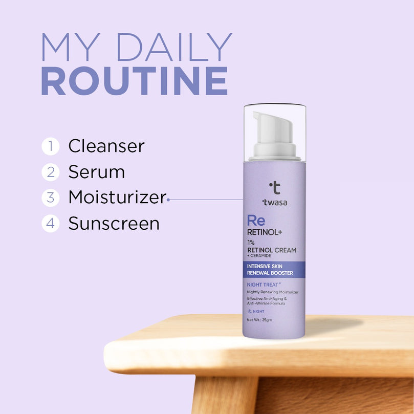 Twasa Daily Routine with Retinol Cream - Elevate Your Skincare Regimen. Incorporate retino A cream and retinol for skin into your daily routine. Hydrate and nourish with our retinol face cream and moisturizer. Experience the excellence of the best retinol cream moisturizer with Twasa's effective skincare regimen.