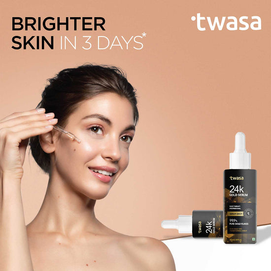 Address uneven skin tone and pigmentation with our top-rated pigmentation serum. The Twasa 24k Gold Serum effectively diminishes dark spots, making it the best serum for dark spots. Its powerful formulation also acts as a brightening serum, helping you achieve a more even and radiant complexion.