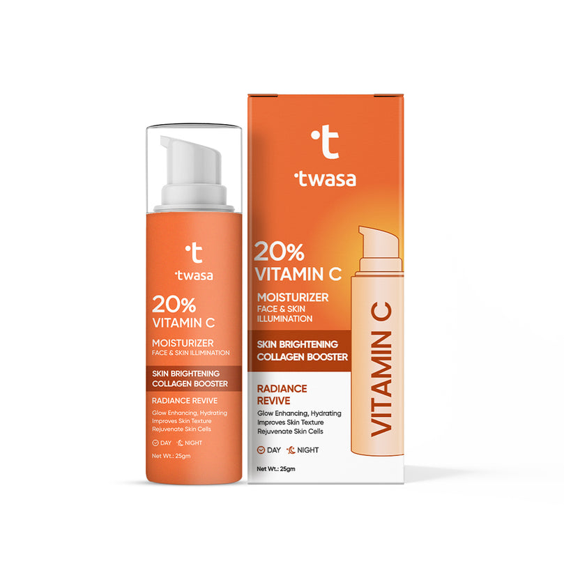 Experience radiant skin with Twasa's 25gm Vitamin C Face Cream, a potent blend of Vitamin A and C. Hydrate and rejuvenate using our C Vitamin Face Cream. Reveal a glowing complexion with Twasa's Vitamin C Moisturizer and Serum. Elevate your skincare routine with the trusted beauty of Twasa.
