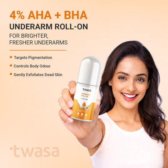 AHA BHA underarm roll on by Twasa for dark underarms, formulated to gently exfoliate and improve underarm brightness and even skin tone.