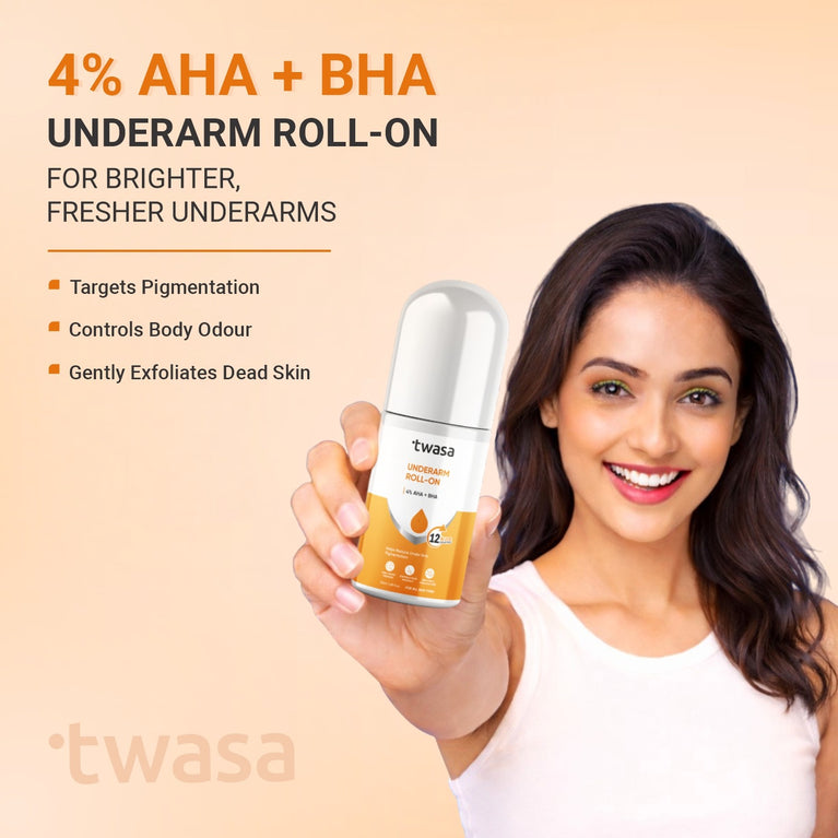 AHA BHA underarm roll on by Twasa for dark underarms, formulated to gently exfoliate and improve underarm brightness and even skin tone.