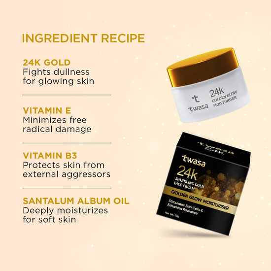 Twasa's 24K Gold Face Cream Ingredients Recipe: Uncover the secret blend of our 24 karat gold face cream, meticulously crafted by Twasa. Experience the richness of our formula, combining premium ingredients for radiant and luxurious skin. Elevate your beauty routine with Twasa's signature 24K gold cream, a carefully curated recipe for opulent skincare.