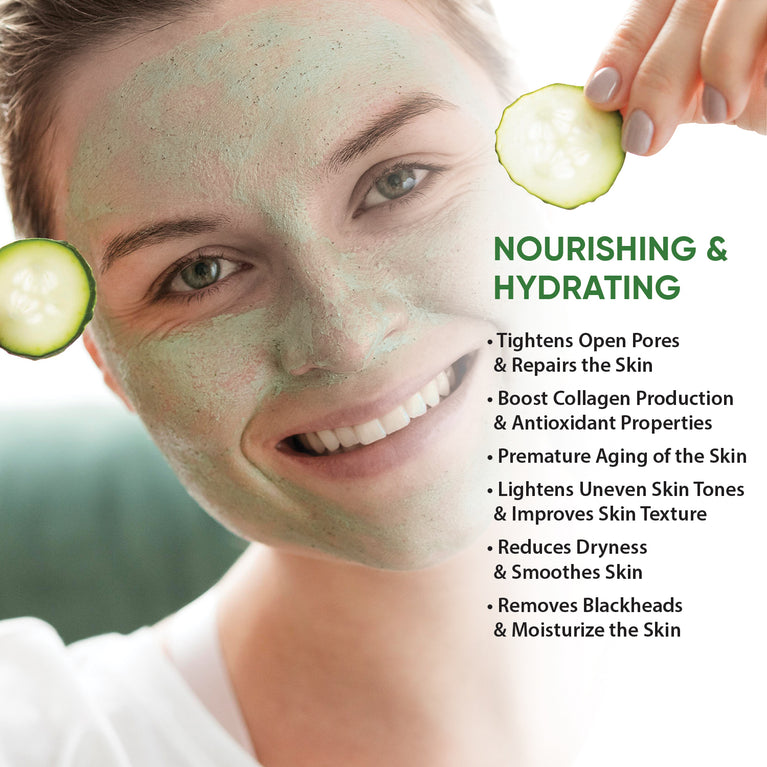 Woman wearing a cucumber face mask beside information about hydration and skin-smoothing benefits