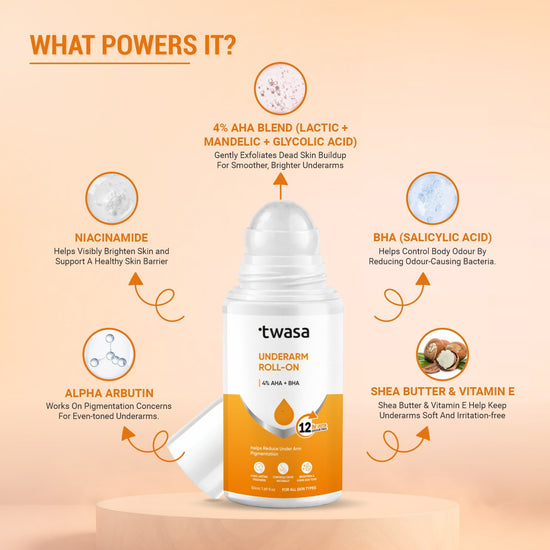 Dark underarm treatment featuring Twasa AHA BHA roll on that supports chemical exfoliation and visible underarm lightening.