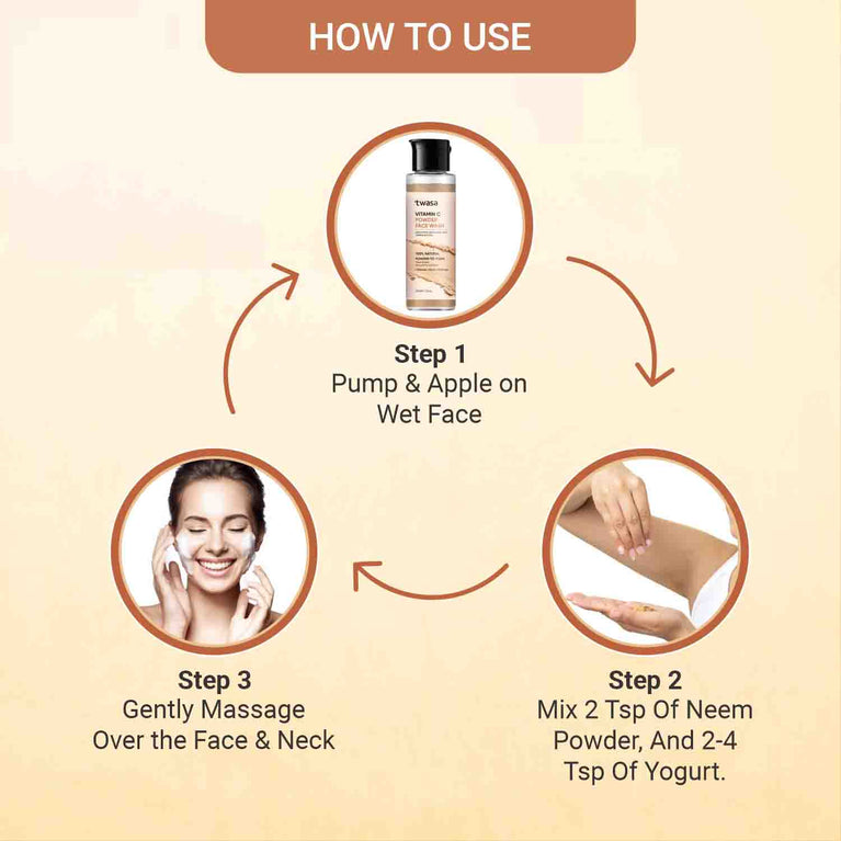 Woman using vitamin C powder face wash for glowing skin brightening and daily skincare routine