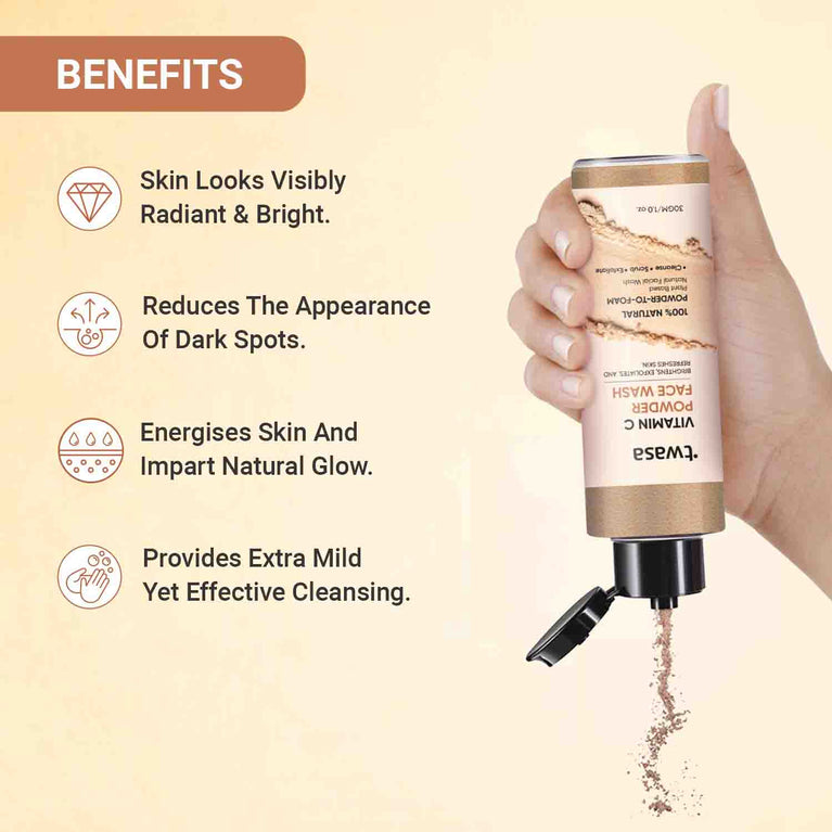 Orange vitamin C powder face wash with natural ingredients for skin brightening, pigmentation and deep cleansing