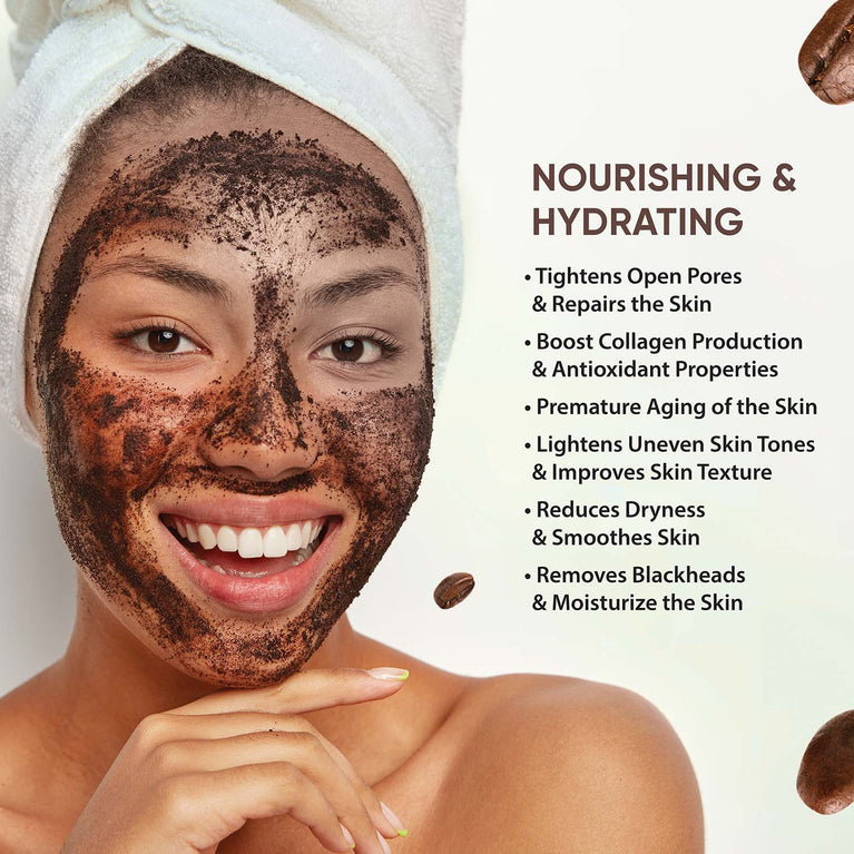 Twasa Coffee Peel Off Face Mask 75g with coffee beans, highlighting de-tan care, skin brightening and pore-cleansing benefits