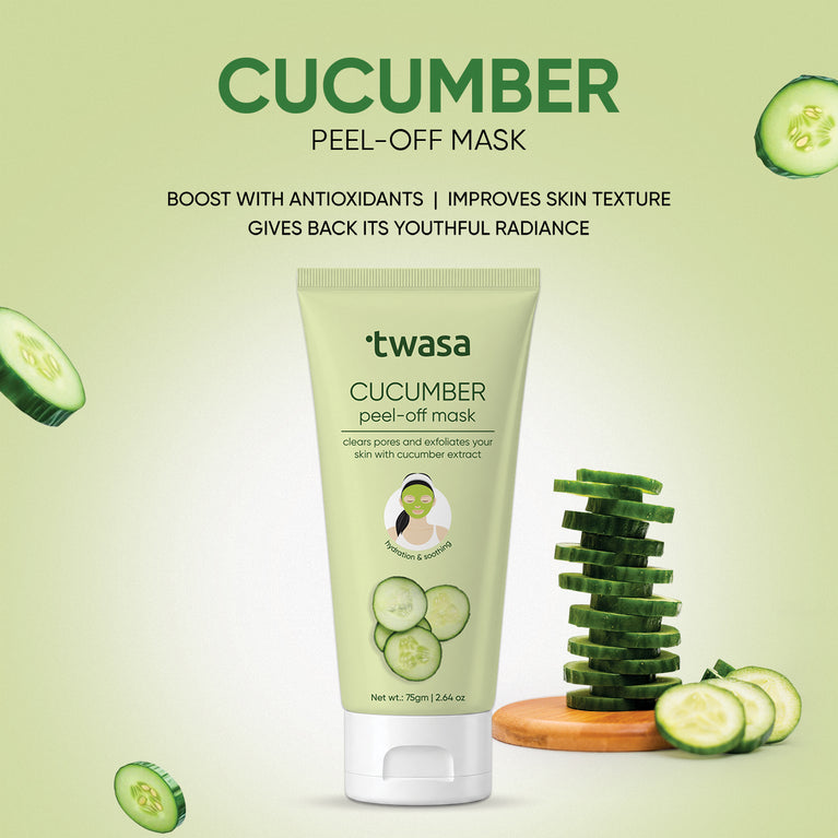 Twasa Cucumber Peel Off Mask with cucumber slices, highlighting smoother skin texture and radiance