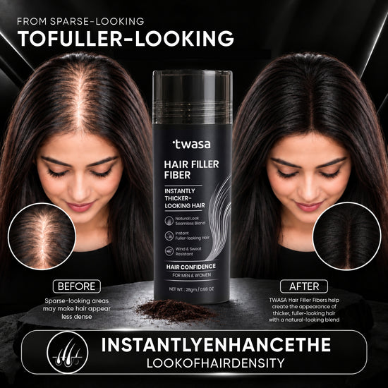 Twasa Hair Fiber Powder before-and-after comparison showing coverage of a woman's thinning hair part