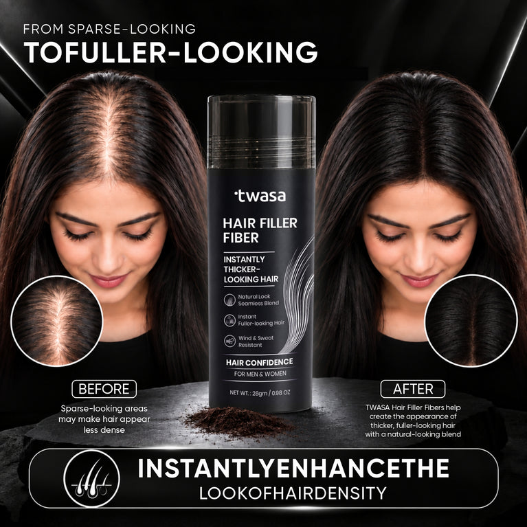 Twasa Hair Fiber Powder before-and-after comparison showing coverage of a woman's thinning hair part