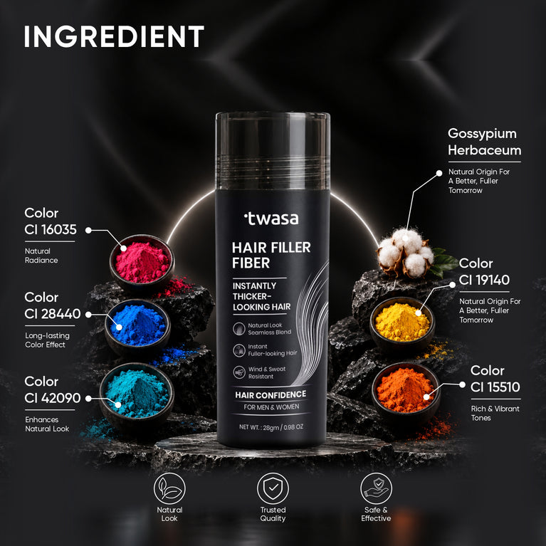 Twasa Hair Fiber Powder ingredient display with Gossypium herbaceum cotton and colourants
