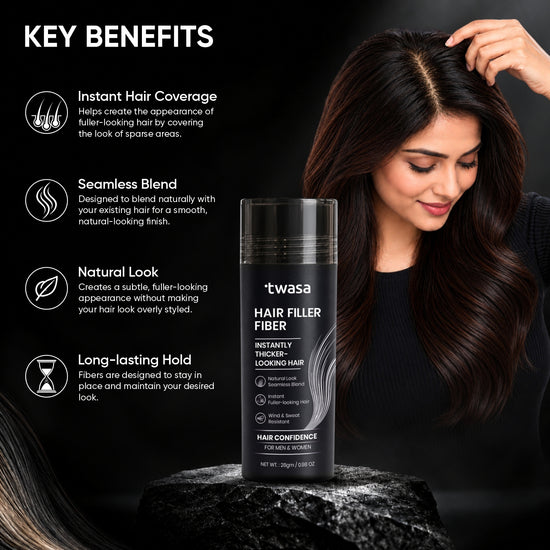 Twasa hair thickening fibers beside a woman, highlighting natural coverage, seamless blending and lasting hold