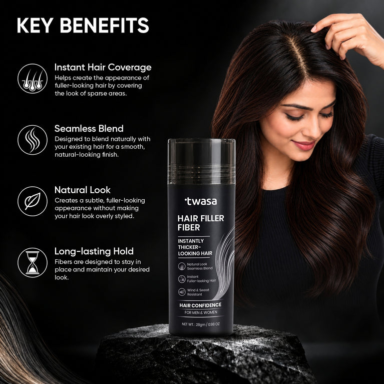 Twasa hair thickening fibers beside a woman, highlighting natural coverage, seamless blending and lasting hold