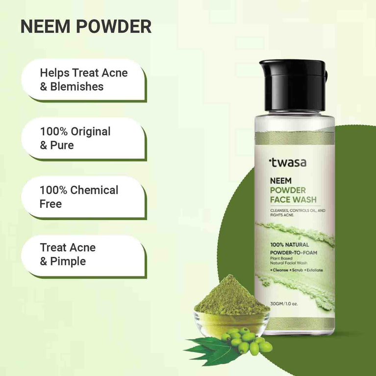 Twasa herbal neem powder face wash for acne free clear skin antibacterial cleanser for pimples, oil control and fresh skin