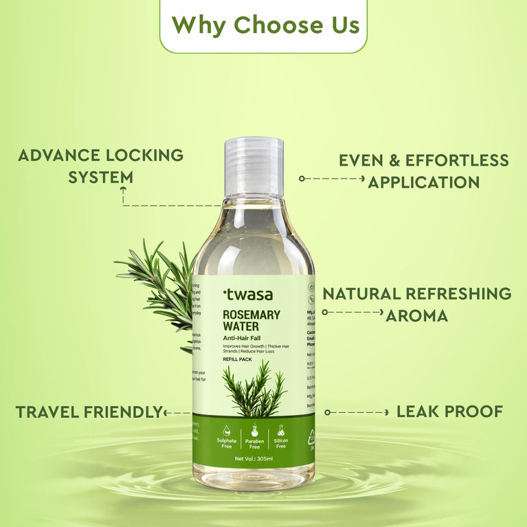 Twasa 305 ml rosemary hair spray refill bottle with product features