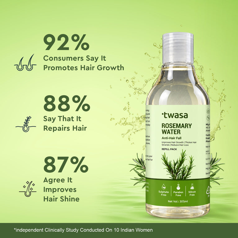Twasa rosemary water refill pack with consumer feedback on hair growth and shine