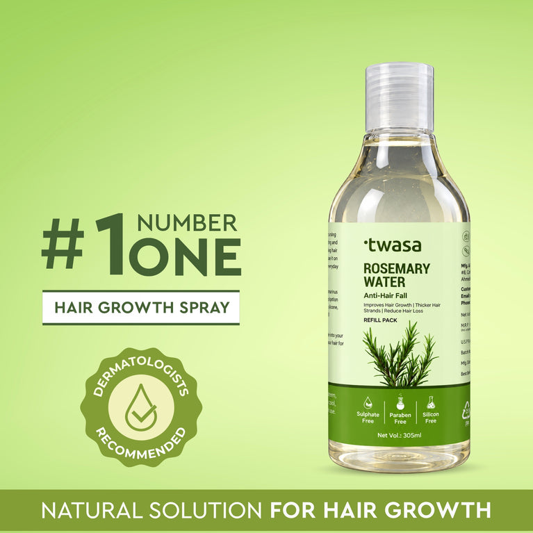 Twasa rosemary water refill bottle beside hair growth spray text
