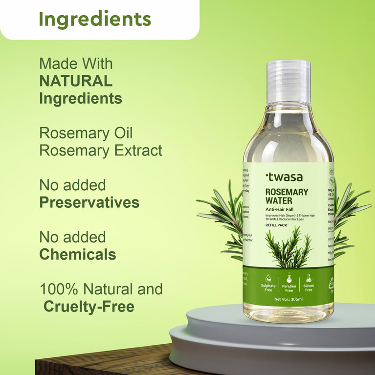 Twasa Rosemary Water Refill Pack with rosemary oil and extract ingredients graphic