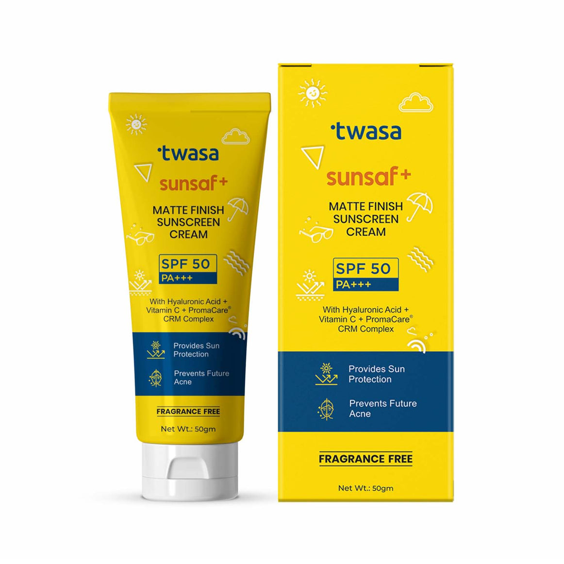 Twasa Sunsaf+ Matte Finish Sunscreen Cream SPF 50 PA+++ for face with Vitamin C and Hyaluronic Acid, 50g.