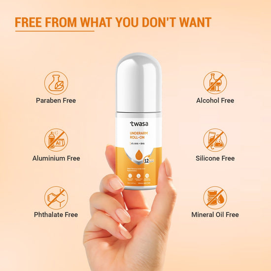 Twasa underarm care roll on with AHA and BHA acids for daily exfoliation, odor control and underarm skin renewal.