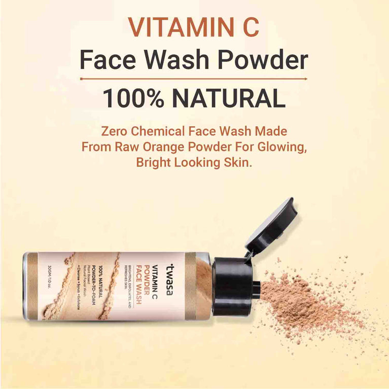 Vitamin C powder face wash natural ayurvedic herbal cleanser with orange extract for glowing skin, brightening and dark spot removal